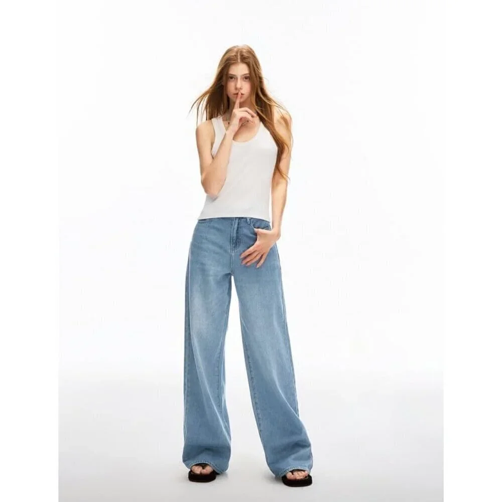 Women's Wide Leg High Rise Baggy Jeans Light Blue 28 Adjustable Snap
